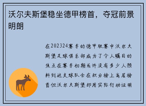 沃尔夫斯堡稳坐德甲榜首，夺冠前景明朗