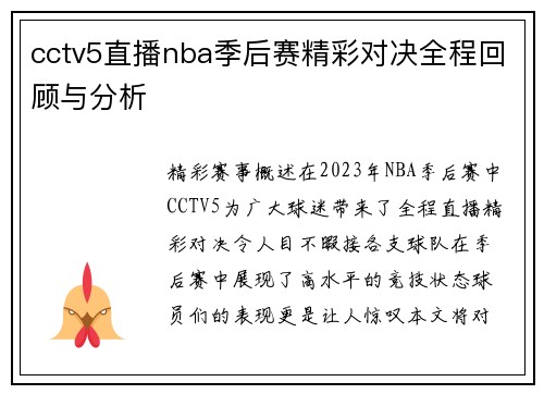 cctv5直播nba季后赛精彩对决全程回顾与分析